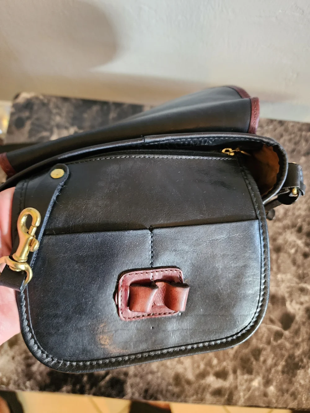 Vintage Brahmin Black Leather Crossbody with Brown Woven Flap